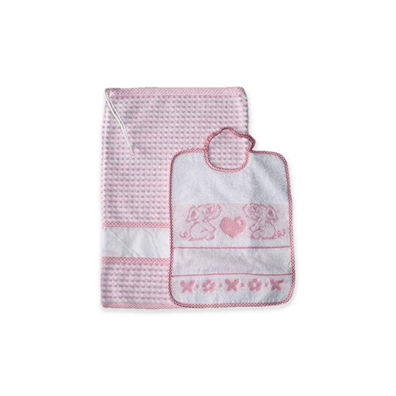 Set Asilo Scuola Materna 2 Pezzi Sacchetto Bavaglia con Tela Aida Da Ricamare 100% Cotone Made in Italy Colore Rosa Animalett