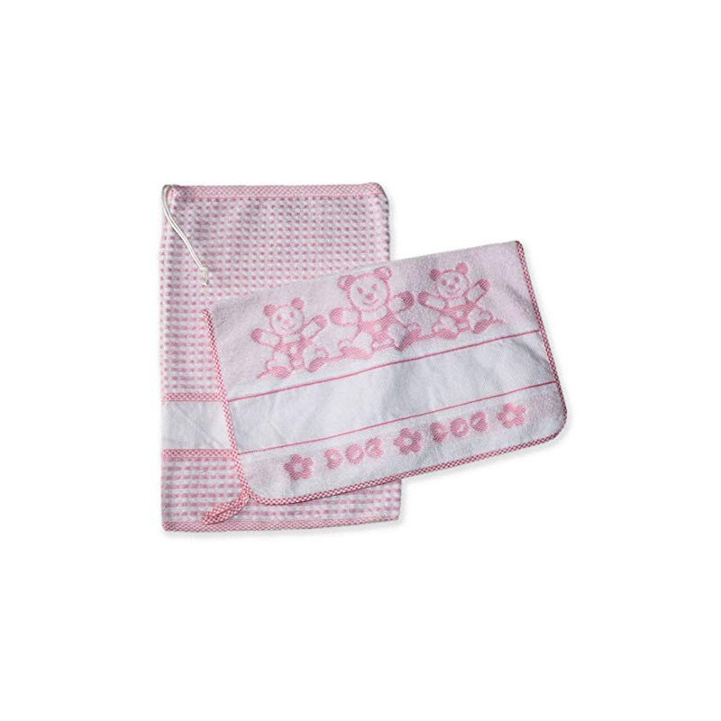 Set Asilo Scuola Materna 2 Pezzi Sacchetto Bavaglia con Tela Aida Da Ricamare 100% Cotone Made in Italy Colore Rosa Animalett
