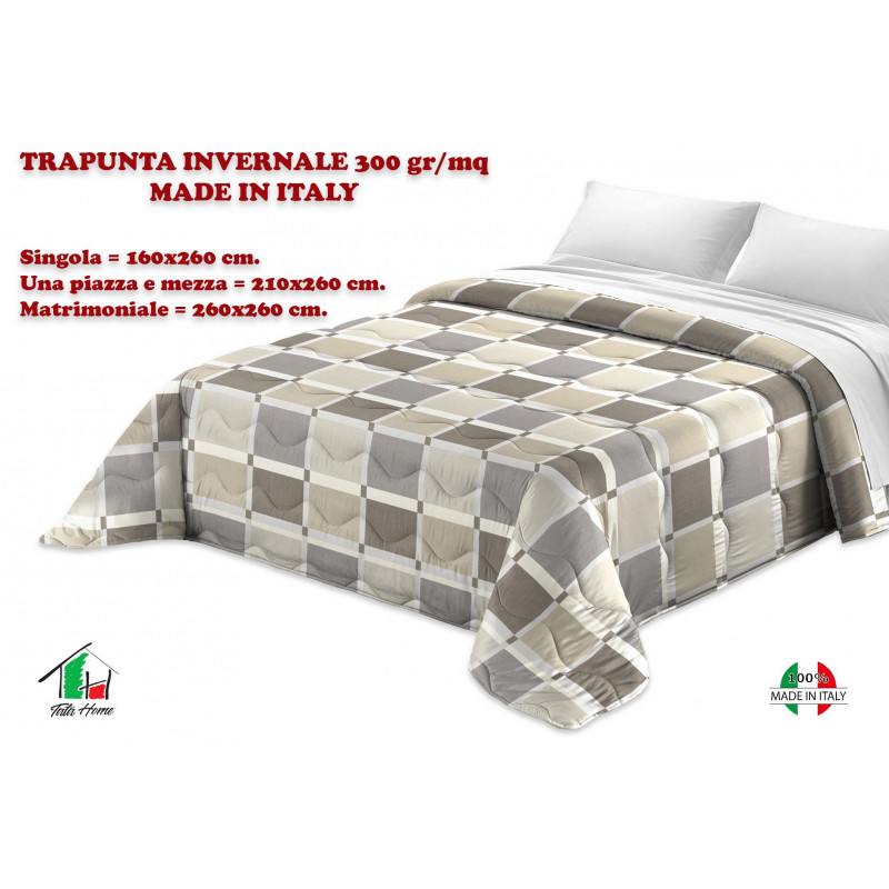 TORONTO Trapunta Invernale 300 gr/mq Fantasia Geometrica a Quadri Made in Italy Colore Grigio Beige