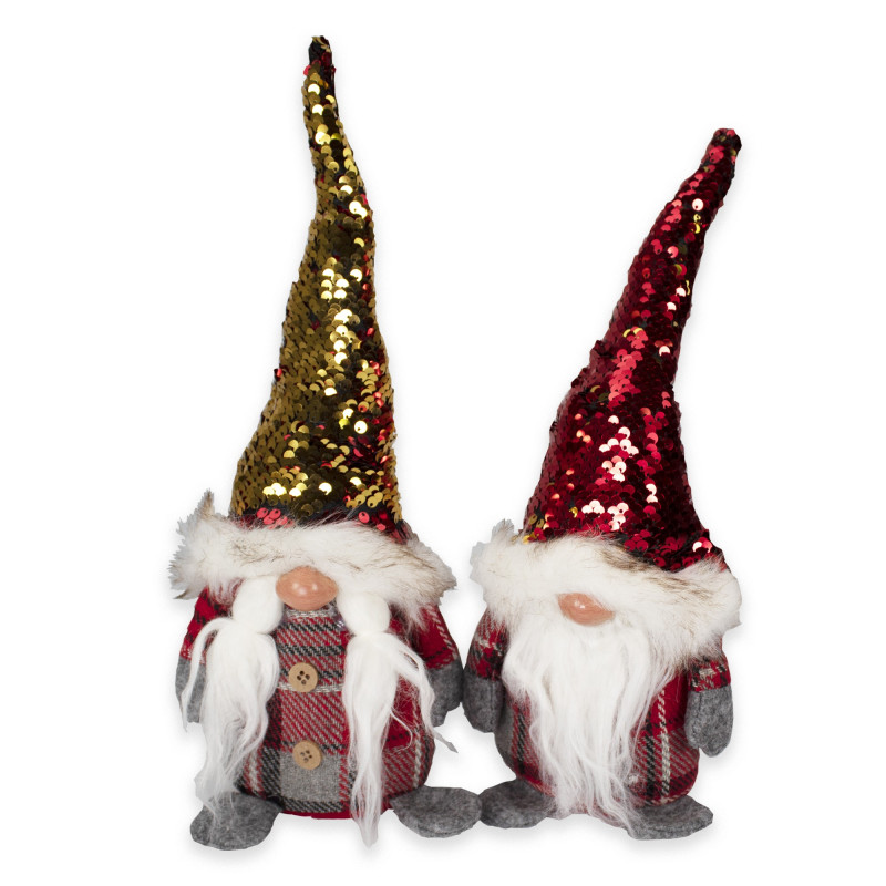 Coppia Gnomi Natalizi Tirolesi Con Paillettes in Stoffa Altezza 35 cm Colore Rosso Oro