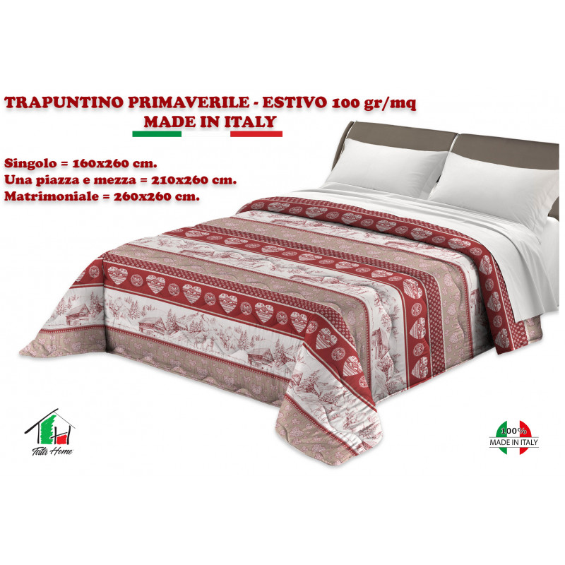 Copriletto Primaverile Estivo da 100 gr/mq Fantasia Tirolese Rosso Made in Italy MOD. Alpin