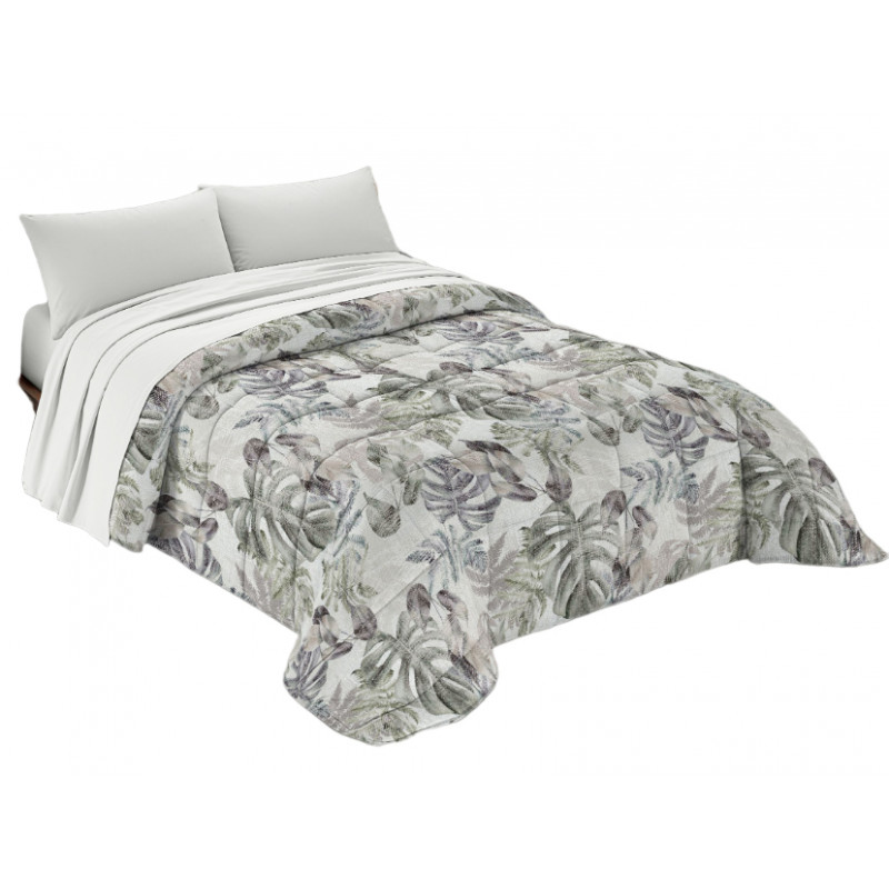 FLORA2 Trapunta Invernale Matrimoniale Imbottita 400 gr/mq Stampa Digitale Felci in Calda Microfibra Colore Grigio e Verde