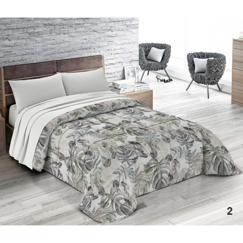 FLORA2 Trapunta Invernale Matrimoniale Imbottita 400 gr/mq Stampa Digitale Felci in Calda Microfibra Colore Grigio e Verde