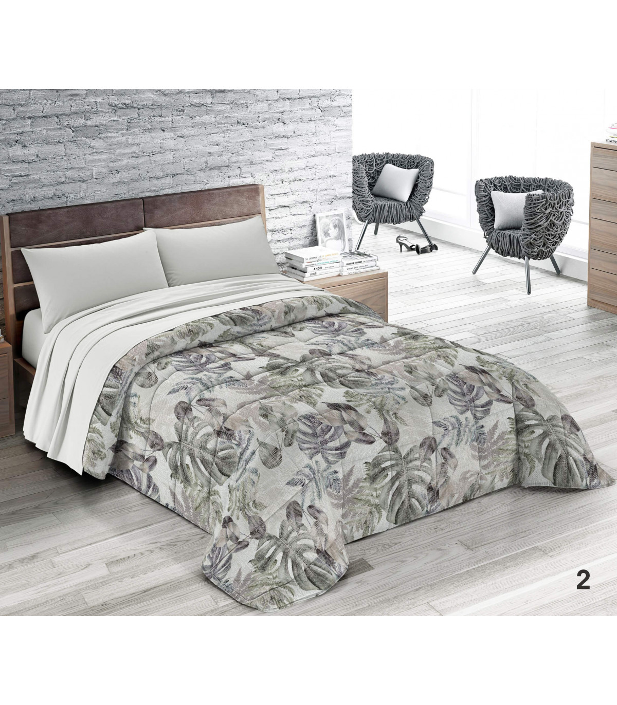 FLORA2 Trapunta Invernale Matrimoniale Imbottita 400 gr/mq Stampa Digitale Felci in Calda Microfibra Colore Grigio e Verde