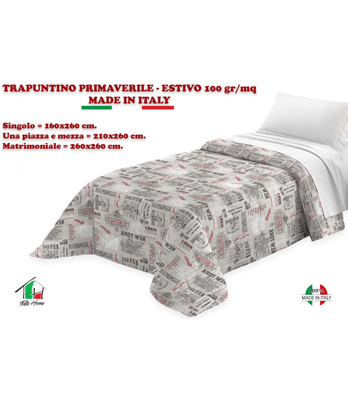 Copriletto Primaverile Estivo da 100 gr/mq Fantasia Città Made in Italy CITY GRIGIO