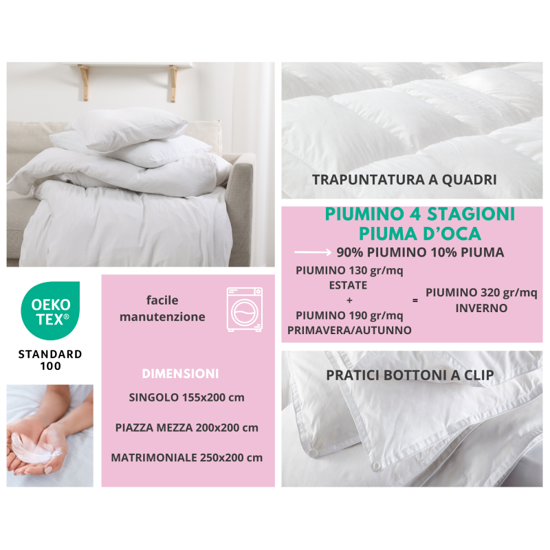 Piumino 4 stagioni in piumino d'oca al 90% didponibile in 3 misurazioni : singolo, piazza e mezza, matrimoniale.