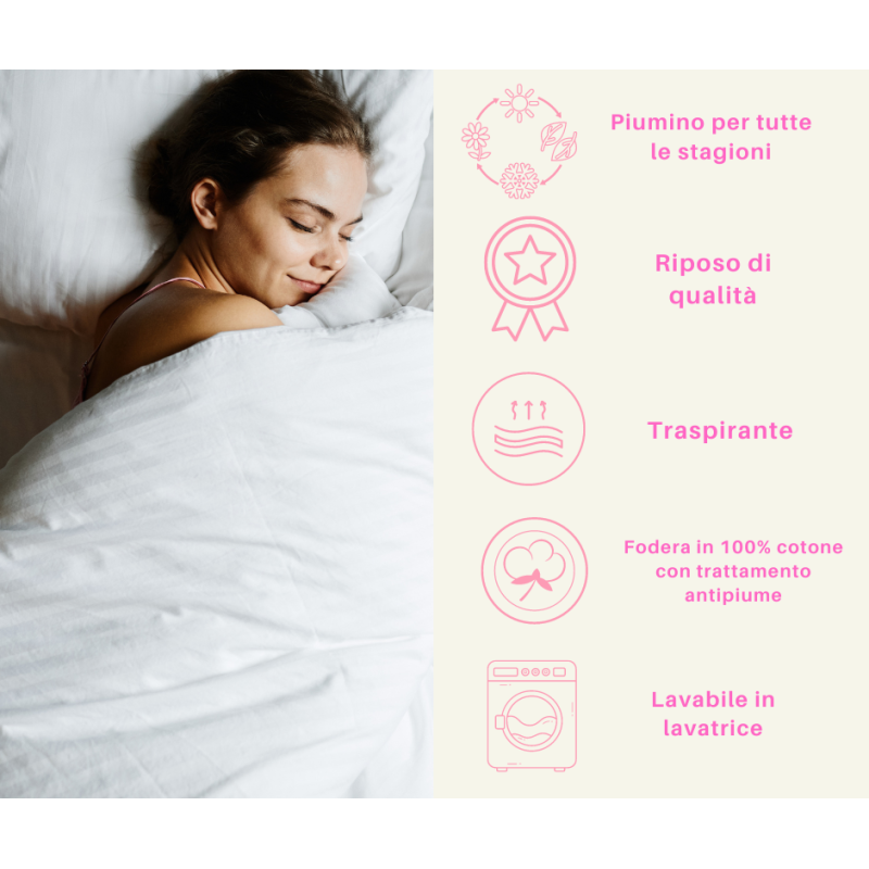 Piumino 4 stagioni in piumino d'oca al 90% didponibile in 3 misurazioni : singolo, piazza e mezza, matrimoniale.