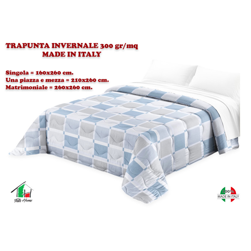 TORONTO Trapunta Invernale 300 gr/mq Fantasia Geometrica a Quadri Made in Italy Colore Petrolio Ottanio