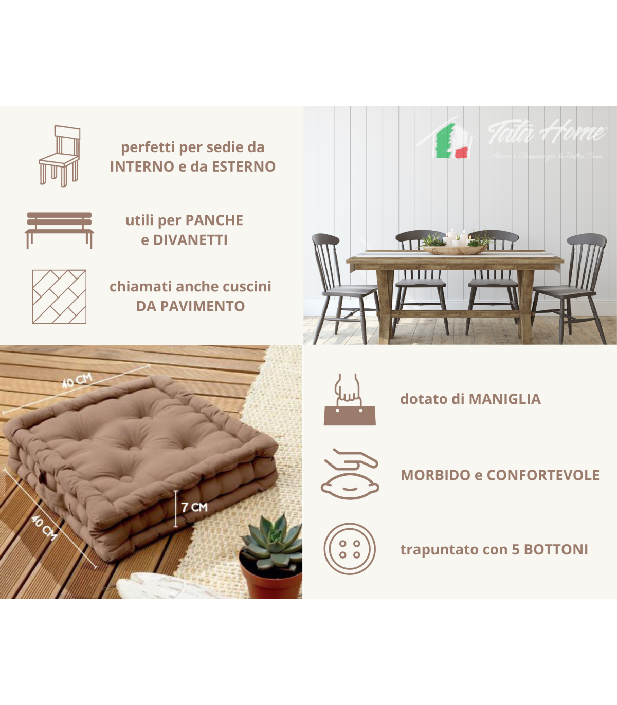 CuscinoMaterasso per Sedia da Interno ed Esterno Imbottito Misura 40x40x7 cm MOD. MATTONELLA