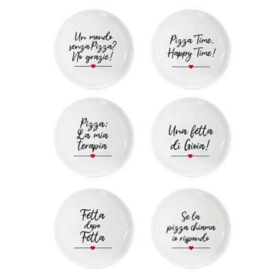 Set 6 Piatti per Pizza Grandi con Decorazioni Scritte e Frasi Moderni in Porcellana Mod. Happy Shabby