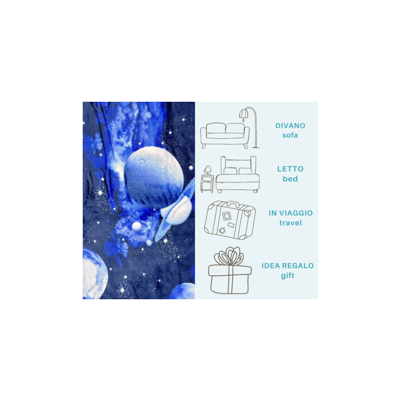 MOON Plaid Divano Coperta Letto in caldo e morbido Pile da 340 gr mq con Retro Agnellato Luna e Stelline