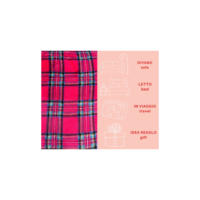 SCOZZESE ROSSO Plaid Divano Coperta Letto in caldo e morbido Pile da 340 gr mq con Retro Agnellato