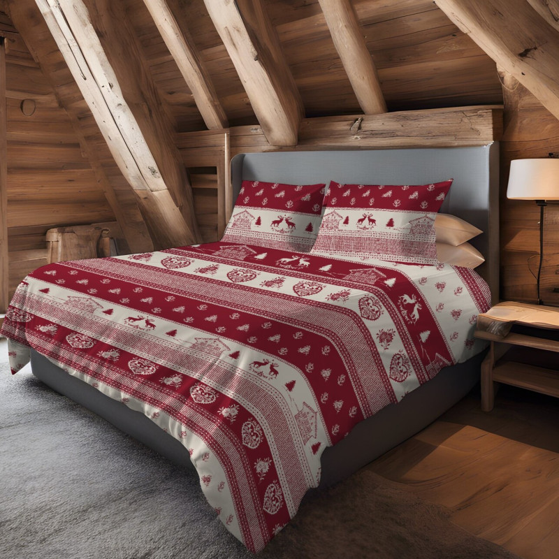 Parure Copripiumino Set Federa/e con Sacco Piumino Made in Italy Fantasia Tirolese Mod. TIROLO Rosso