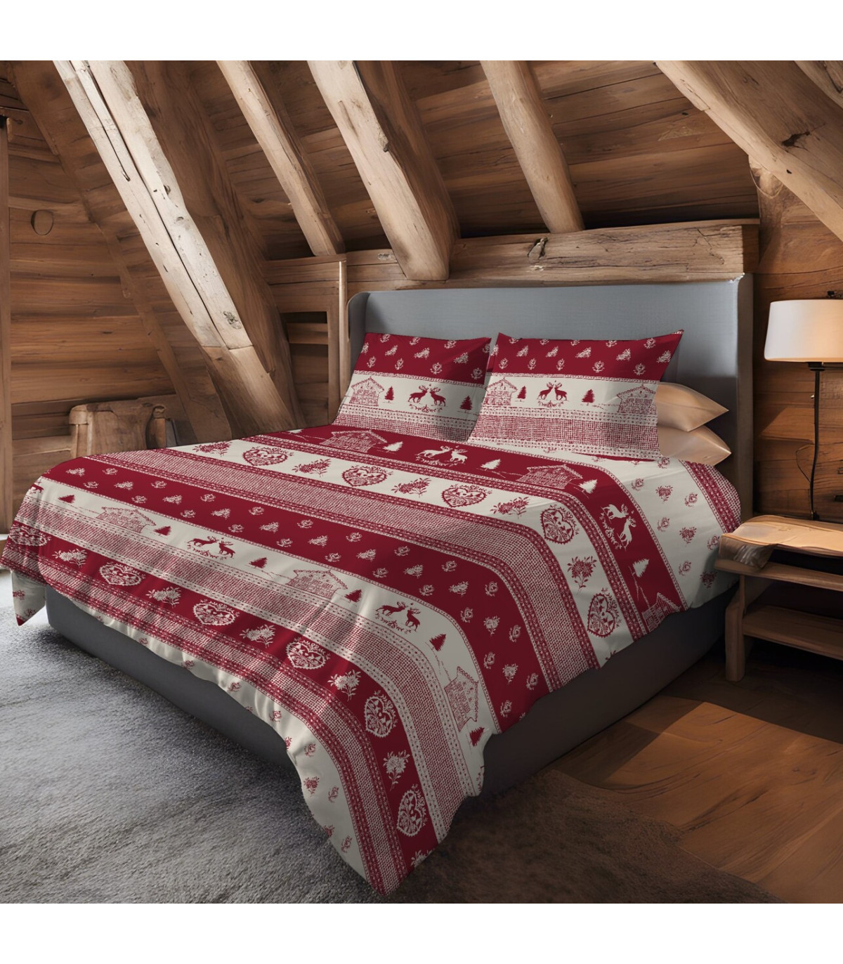 Parure Copripiumino Set Federa/e con Sacco Piumino Made in Italy Fantasia Tirolese Mod. TIROLO Rosso