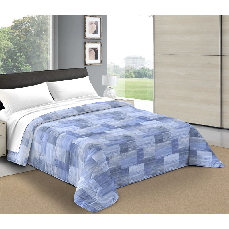 CUBIC Copriletto Primaverile Estivo da 100 gr/mq Fantasia a Quadri Made in Italy Colore Azzurro Blu