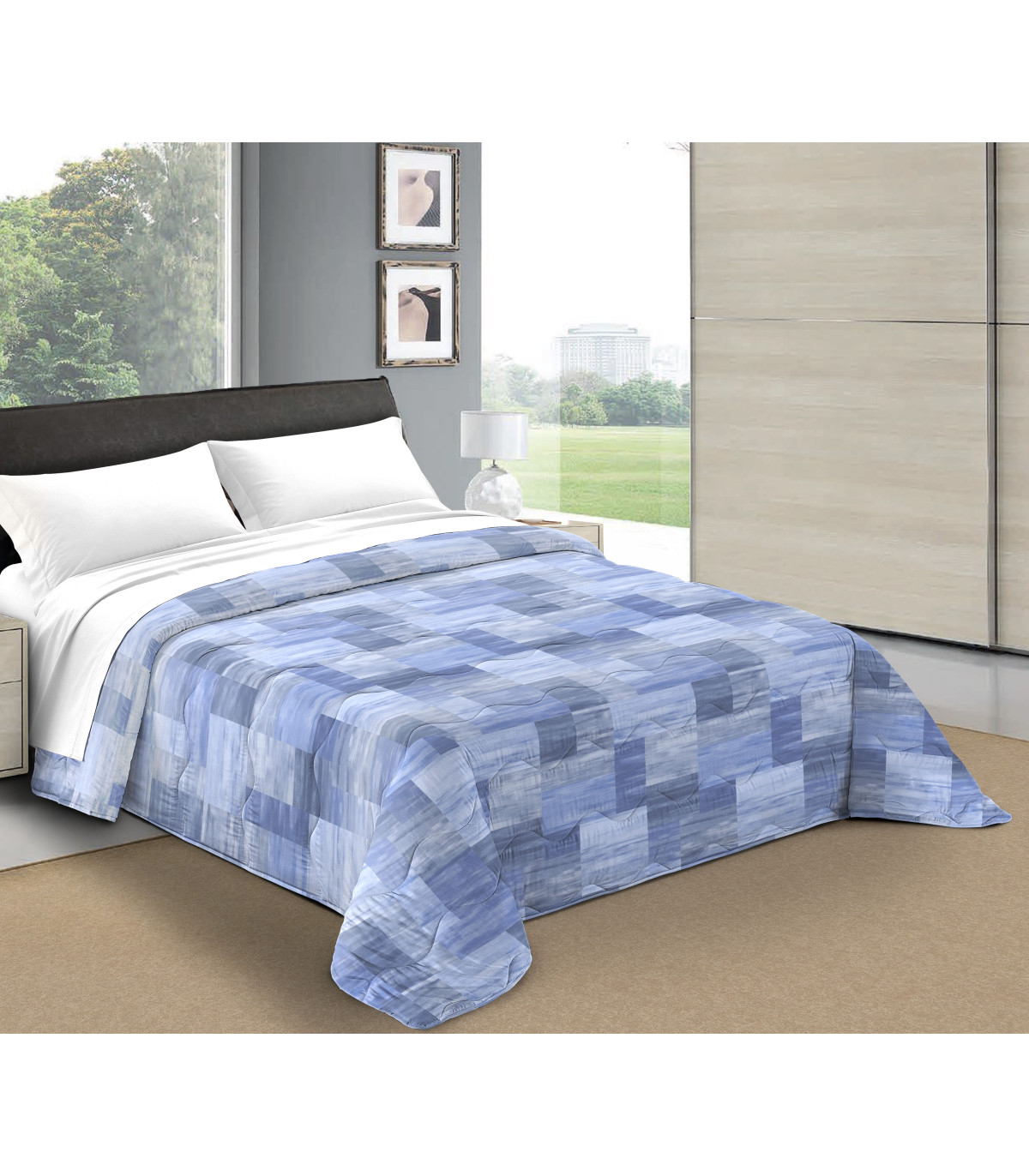 CUBIC Copriletto Primaverile Estivo da 100 gr/mq Fantasia a Quadri Made in Italy Colore Azzurro Blu