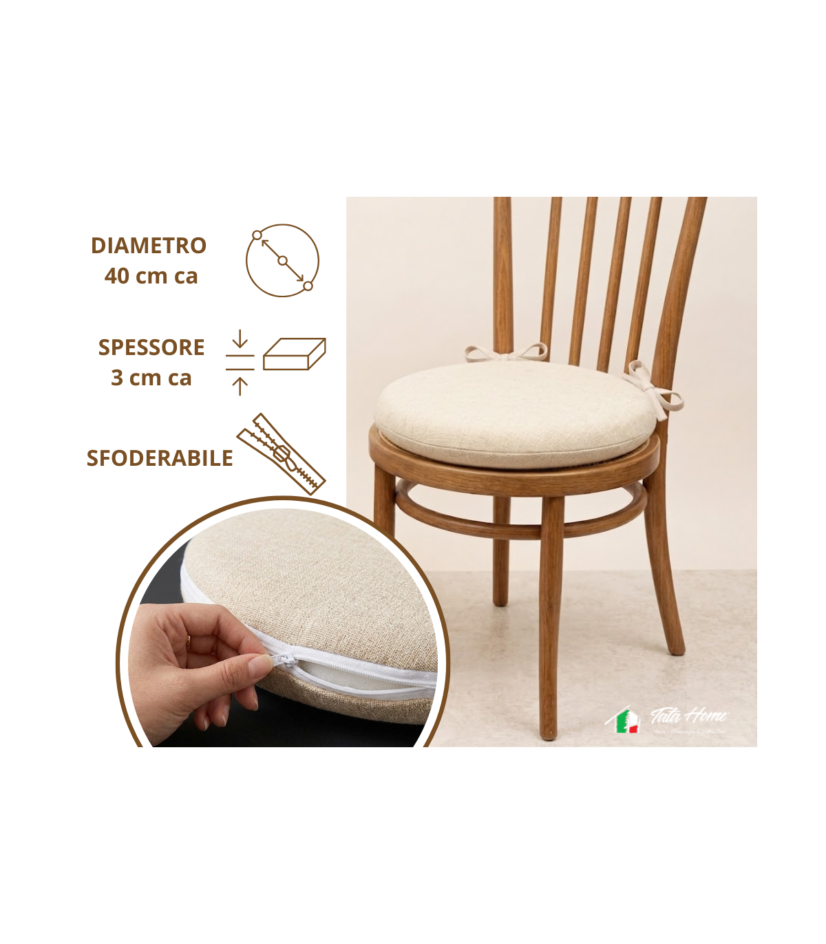 SET 4 PEZZI Cuscini Sedia Rotondi con Laccetti Diametro 40 cm Spessore 3 cm Mod. BILLY