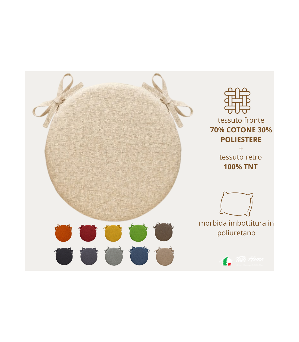 SET 4 PEZZI Cuscini Sedia Rotondi con Laccetti Diametro 40 cm Spessore 3 cm Mod. BILLY