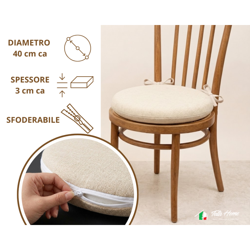 SET 6 PEZZI Cuscini Sedia Rotondi con Laccetti Diametro 40 cm Spessore 3 cm Mod. BILLY