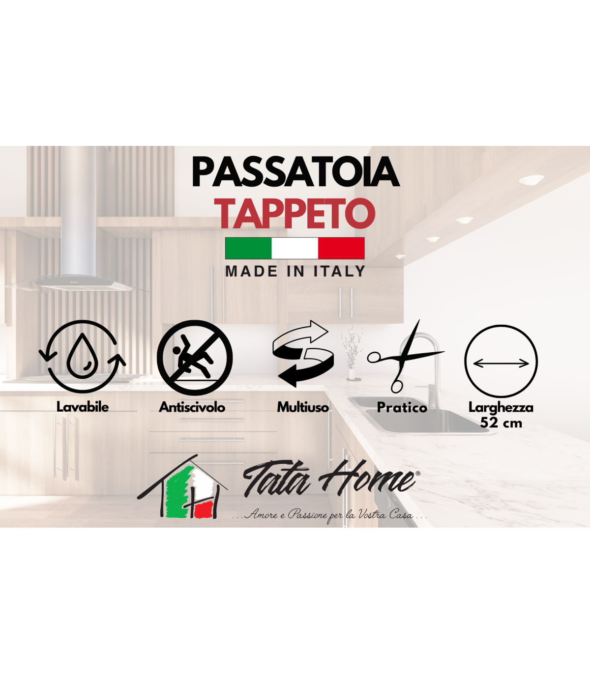 Passatoia Tappeto da Cucina Antiscivolo Lavabile Flessibile Dis. SCRITTE MODERNE