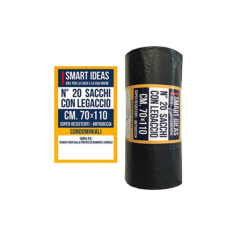 Sacco Spazzatura Antigoccia Super resistente 70x110 cm Rotolo da 20 pezzi Colore Nero